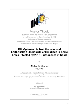 Master Thesis Submitted Within the UNIGIS Msc