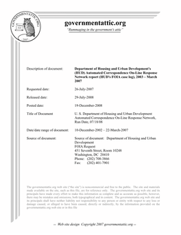 HUD) Automated Correspondence On-Line Response Network Report (HUD's FOIA Case Log), 2003 – March 2007