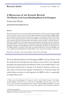 The Histories of the Lesser Banishing Ritual of the Pentagram Graham John Wheeler Grahamjohnwheeler@Gmail.Com