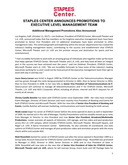 Staples Center Announces Promotions to Executive Level Management Team