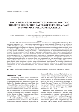 Shell Or Na Ments from the up Per Paleolithic Through Mesolithic Lay Ers of Klissoura Cave 1 by Prosymna (Peloponese, Greece)