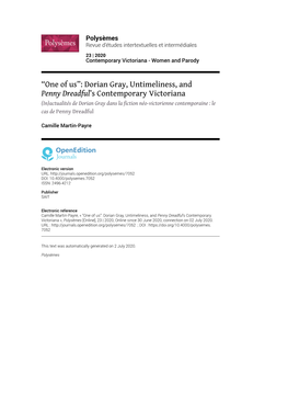 Polysèmes, 23 | 2020 “One of Us”: Dorian Gray, Untimeliness, and Penny Dreadful’S Contemporary Vic