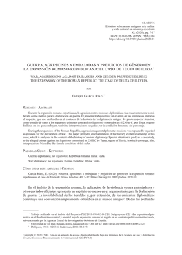 Guerra, Agresiones a Embajadas Y Prejuicios De Género En La Expansión Romano-Republicana: El Caso De Teuta De Iliria*