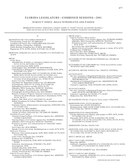 Florida Legislature—Combined Sessions—2001 Subject Index—Bills Introduced and Passed