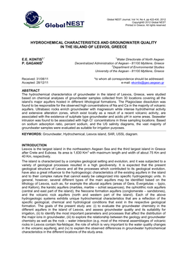 Hydrochemical Characteristics and Groundwater Quality in the Island of Lesvos, Greece