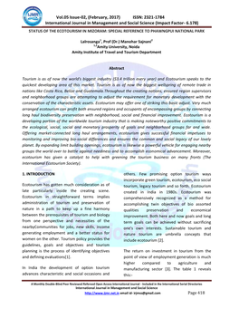 Status of the Ecotourism in Mizoram: Special Reference to Phawngpui National Park