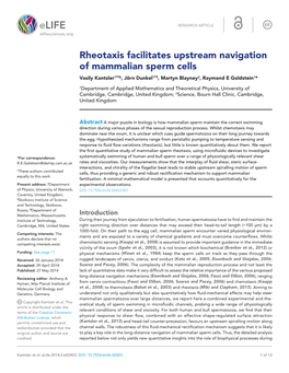 Rheotaxis Facilitates Upstream Navigation of Mammalian Sperm Cells Vasily Kantsler1†‡§, Jörn Dunkel1†¶, Martyn Blayney2, Raymond E Goldstein1*