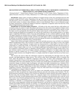 Recognition of Terrestrial Impact Structures, Part 2: Meteoritic Components, Shock Effects, and Other Characteristics