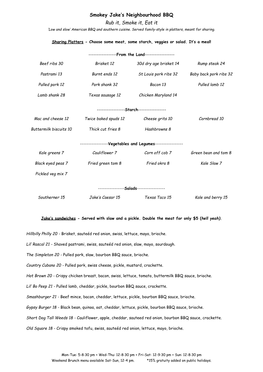 Smokey Jakes Menu May 2021