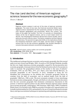 The Rise (And Decline) of American Regional Science: Lessons for the New Economic Geography? Trevor J