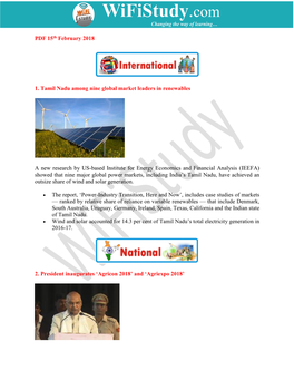 PDF 15Th February 2018 1. Tamil Nadu Among Nine Global Market Leaders in Renewables a New Research by US-Based Institute For