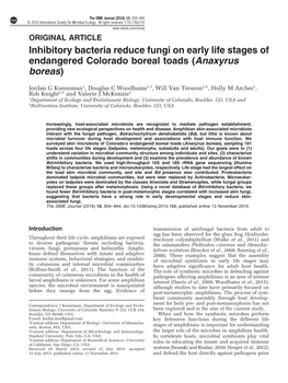 Inhibitory Bacteria Reduce Fungi on Early Life Stages of Endangered Colorado Boreal Toads (Anaxyrus Boreas)