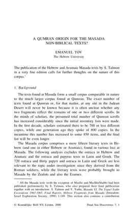 A Qumran Origin for the Masada Non-Biblical Texts?