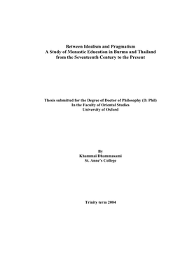 A Study of Monastic Education in Burma and Thailand from the Seventeenth Century to the Present