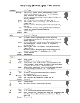 Family Group Sheet for Agnes Or Ann Wanless