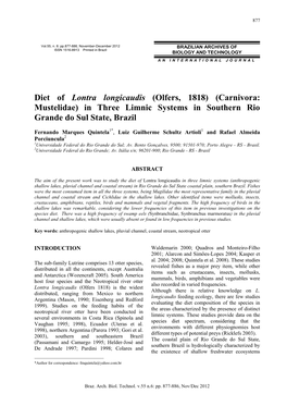 Diet of Lontra Longicaudis (Olfers, 1818) (Carnivora: Mustelidae) in Three Limnic Systems in Southern Rio Grande Do Sul State, Brazil