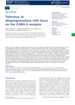 Tolerance to Allopregnanolone with Focus on the GABAA Receptor