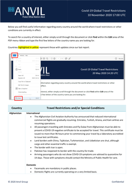 Covid-19 Global Travel Restrictions 10 November 2020 17:00 UTC