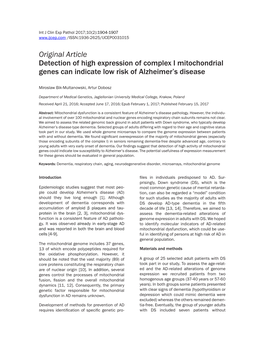 Original Article Detection of High Expression of Complex I Mitochondrial Genes Can Indicate Low Risk of Alzheimer’S Disease