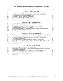 The Southern Presbyterian Review – Volumes I Through XXXVI (1847 -–1885) – Tables of Content 1 the Southern Presbyterian Review – Volume II: 1848-1849