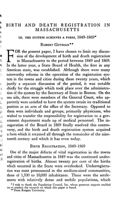 Birth and Death Registration in Massachusetts