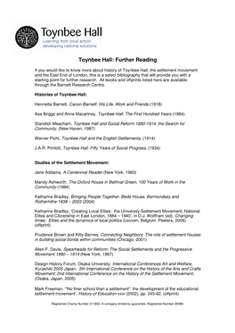 Toynbee Hall: Further Reading