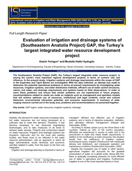 Southeastern Anatolia Project) GAP, the Turkey’S Largest Integrated Water Resource Development Project