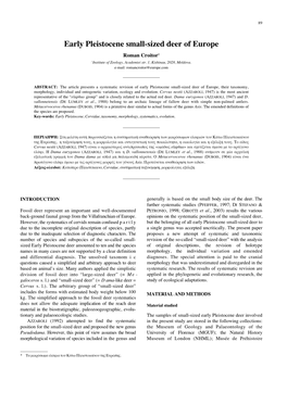 Early Pleistocene Small-Sized Deer of Europe Roman Croitor1 1 Institute of Zoology, Academiei Str