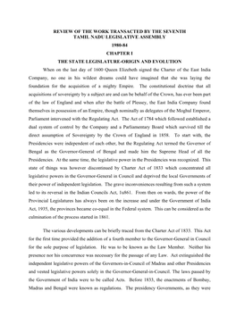 Review of the Work Transacted by the Seventh Tamil Nadu Legislative Assembly 1980-84 Chapter I the State Legislature-Origin