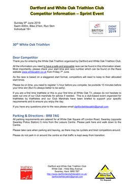 Dartford and White Oak Triathlon Club Competitor Information – Sprint Event