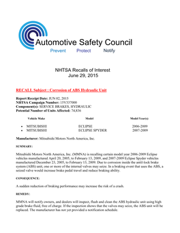 NHTSA Recalls of Interest June 29, 2015