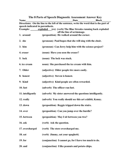 The 8 Parts of Speech Diagnostic Assessment Answer
