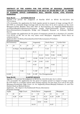 Abstract of the Agenda for the Sitting of Regional Transport Authority Ernakulam Proposed to Be Held on 23-02-2017 at 11.00Am At