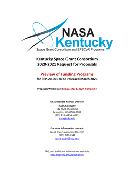 Kentucky Space Grant Consortium 2020-2021 Request for Proposals Preview of Funding Programs