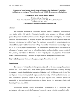 63 Response of Pupal Weight of Stalk Borer, Chilo Auricilius Dudgeon