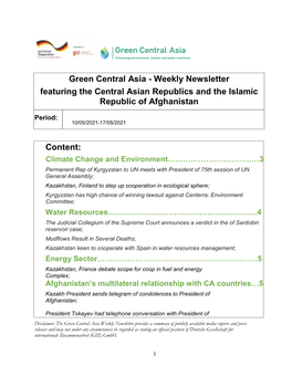 Weekly Newsletter Featuring the Central Asian Republics and the Islamic Republic of Afghanistan Content