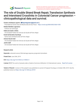 The Role of Double Strand Break Repair, Translesion Synthesis and Interstrand Crosslinks in Colorectal Cancer Progression – Clinicopathological Data and Survival
