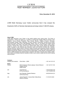 LVMH Moët Hennessy Louis Vuitton Announces That It Has Crossed the Threshold of 20% of Hermès International and Today Holds 21 338 675 Shares