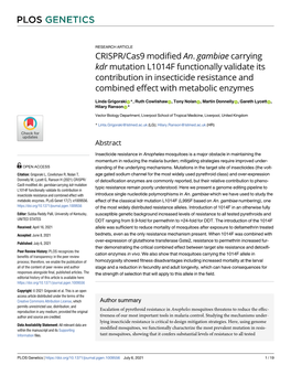 CRISPR/Cas9 Modified An. Gambiae Carrying Kdr Mutation