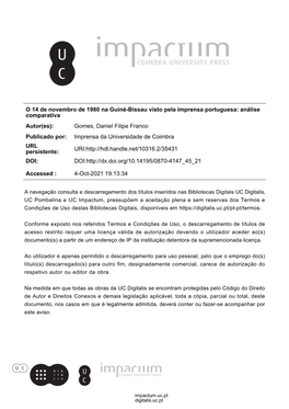 O 14 De Novembro De 1980 Na Guiné-Bissau Visto Pela Imprensa Portuguesa: Análise Comparativa Autor(Es): Gomes, Daniel Filipe F