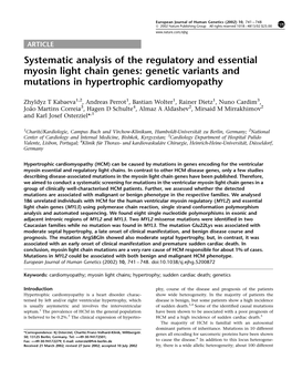 Systematic Analysis of the Regulatory and Essential Myosin Light Chain Genes: Genetic Variants and Mutations in Hypertrophic Cardiomyopathy