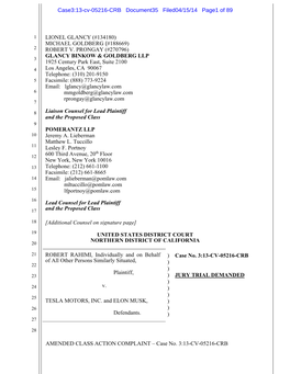 Robert Rahimi , Et Al. V. Tesla Motors, Inc., Et Al. 13-CV-05216-Amended