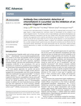 Antibody-Free Colorimetric Detection of Chlorothalonil in Cucumber Via the Inhibition of an Cite This: RSC Adv.,2019,9, 9893 Enzyme-Triggered Reaction†