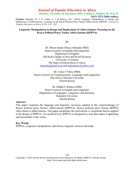 Journal of Popular Education in Africa October, November & December 2020, Volume 4, Number 10, 11 & 12 ISSN 2523-2800 (Online) Citation: Malande, M