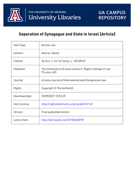 Separation of Synagogue and State in Israel [Article]