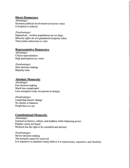Direct Democracy Representative Democracy Absolute Monarchy