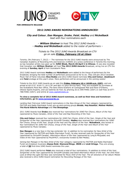 2012-JUNO-Award-Nominations.Pdf