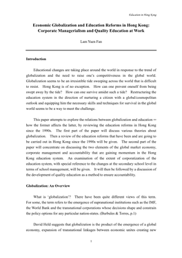Economic Globalization and Education Reforms in Hong Kong: Corporate Managerialism and Quality Education at Work