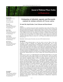 Estimation of Alkaloid, Saponin and Flavonoid, Content in Various