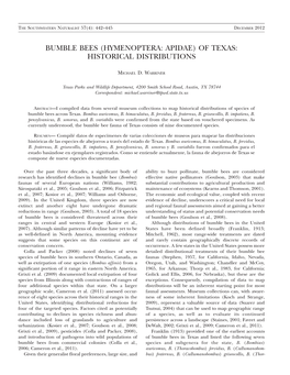 Bumble Bees (Hymenoptera: Apidae) of Texas: Historical Distributions